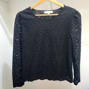 Philosophy Women's Black Floral Lace Long Sleeve Top with Scalloped Hem - Size M